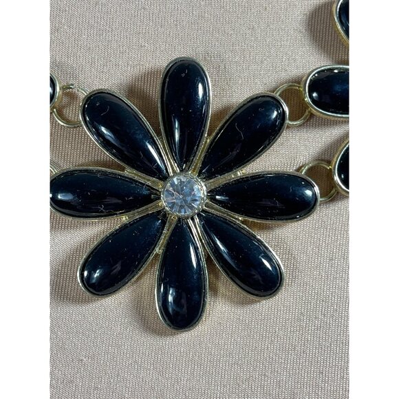 Vtg 3 Flower Choker Necklace Black Plastic Petals Rhinestone Gold Tone - Picture 3 of 4